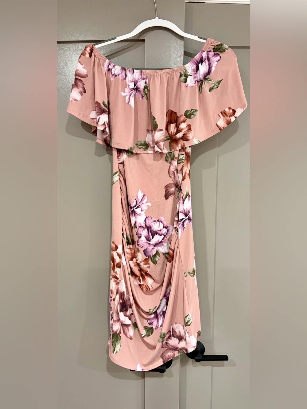 Maternity Blush Pink Floral Off-Shoulder Women’s Dress